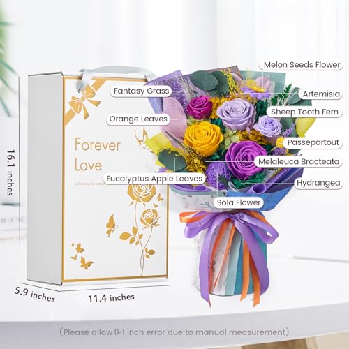 Mosstory Flowers Bouquet Preserved Roses Bouquet Flowers Fresh Bouquet Graduation Flower Bouquet Gift for Women Wife Anniversary Birthday (Purple Yellow Roses)