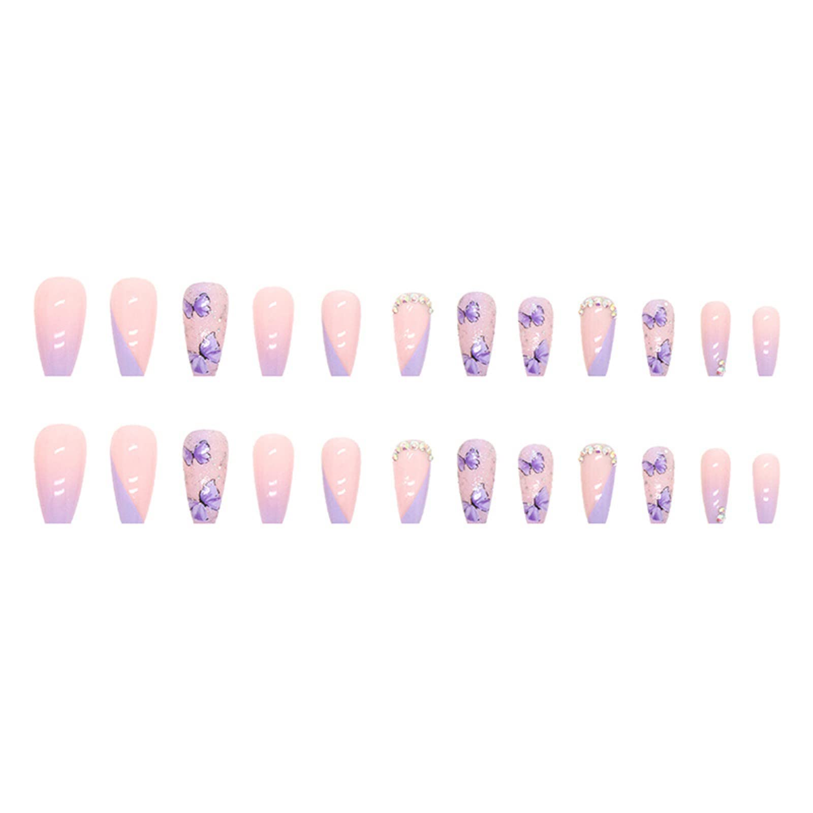 Exclusive Nail Couture Drill 24 Pcs Medium Length Press On Nails Coffin Rhinestones Nails Flake French Purple Butterfly And Sequins Design Artificial Acrylic Full Cover Ballerina Coffin Nails Long