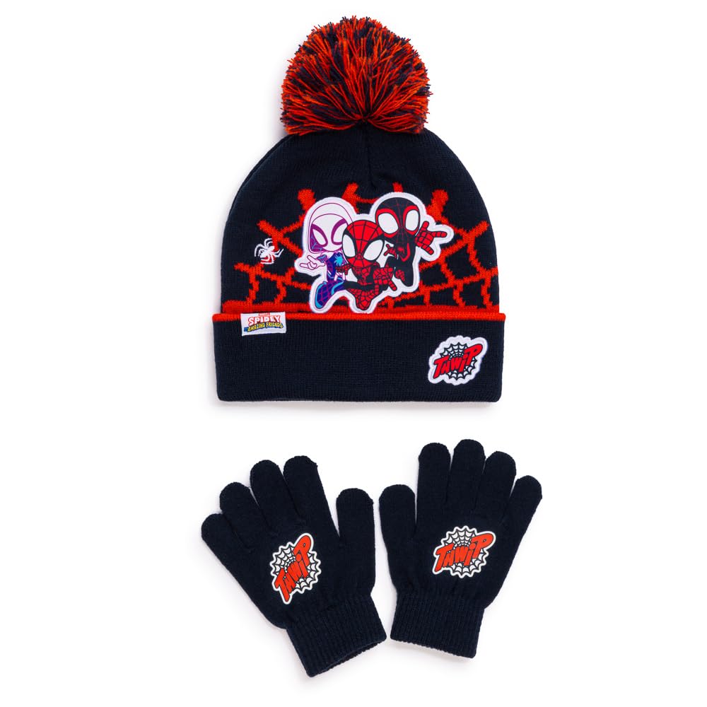 Marvel Spidey & His Amazing Friends Kids Bobble Hat & Gloves Set – 100% Acrylic Beanie Winter Accessories. Official Spider-Man Gift for Boys