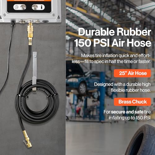 Automatic Tire Inflator with Digital Pressure Control (10–145 PSI), Wall-Mount Air Compressor Gauge System with Hose & Chuck — Auto Inflate/Deflate for Auto Shops, Garages & Fleet Maintenance