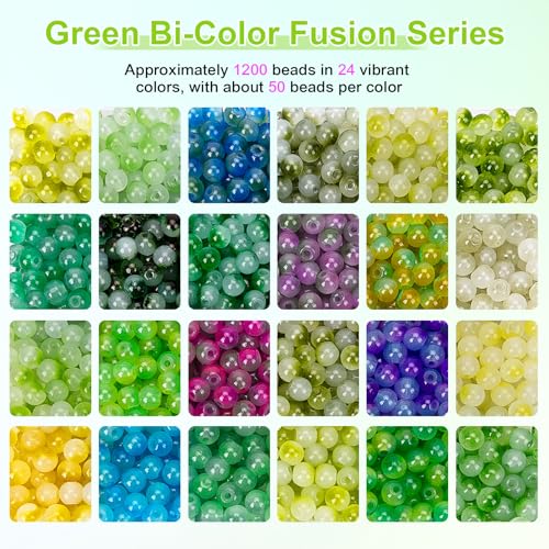 Image of XSEINO About 1200+ pcs 6mm Glass Beads Bracelet Making Kit, 24 Assorted Green Bi-Color Fusion Series Crystal Beads for Jewelry Making, DIY Crafts, Friendship Bracelets