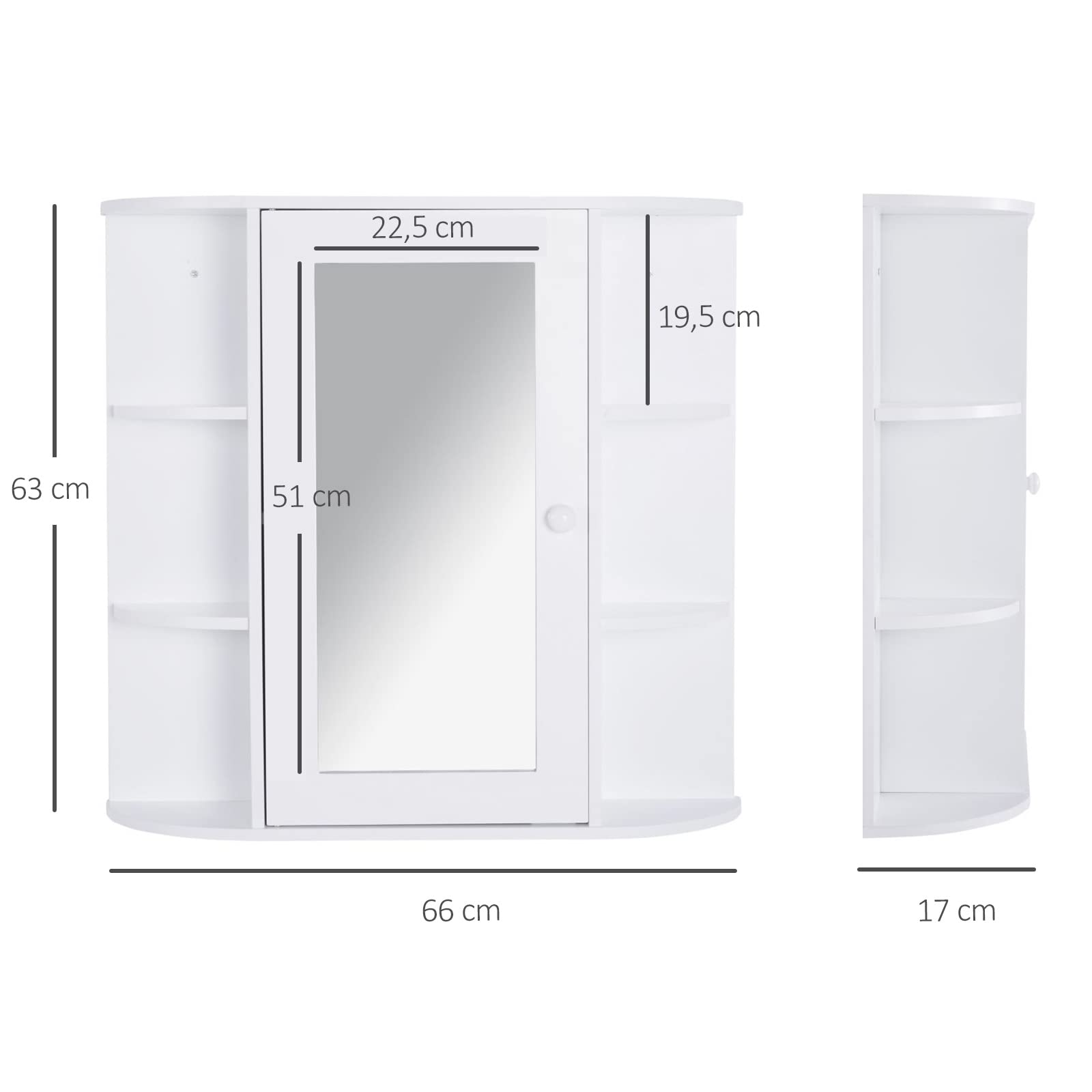 HOMCOM Armario de Baño con Espejo Mueble Colgante de Aseo con 1 Puerta 2 Estantes Interiores y 6 Estantes Laterales para Salón Cocina Dormitorio 66x17x63 cm Blanco