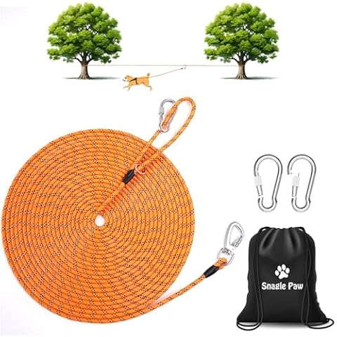 Snagle Paw Dog Runner for Yard 3 in 1, 50FT Dog Training Leash with Handle for Small Medium Large Dogs, Reflective Rope Dog Tie Out Cable with Carabiner for Yard,Park,Camping (Orange for 2 Dog) Cover