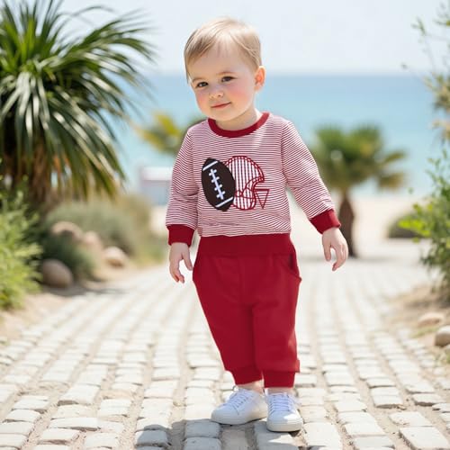 Toddler Baby Boy Football Outfit Football Embroidery Stripe Long Sleeve Sweatshirt Pants Set Fall Winter Clothes3