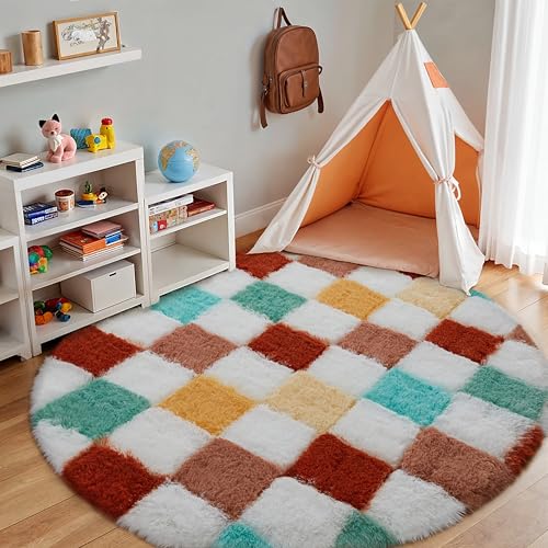 PureCozy Checkered Rug 4x4 for Living Room, Colorful Modern Shag Super Soft Washable Fluffy Rugs Indoor Fuzzy Carpet for Bedroom Home Dorm Aesthetic Decor 4' (Round) Circus