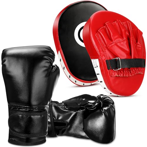 Arrowbash Boxing Gloves and Punching Mitts Set for Kids 6oz Black Gloves Curved Punch Mitts Pad Sparring Training Equipment for Martial Arts Muay Kickboxing Taekwondo Karate BJJ