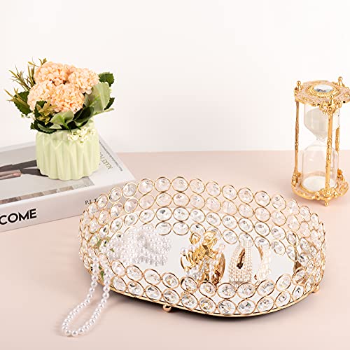 Feyarl Crystal Vanity Makeup Tray Ornate Jewelry Trinket Organizer Cosmetic Perfume Bottle Tray Decorative Tray Home Deco Dresser Skin Care Tray Storage (Oval 12" X 9") (Gold) #TOP3