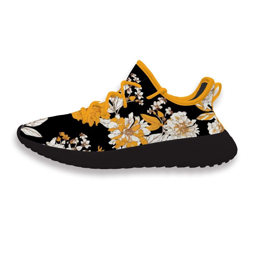 Funny Printing Elegant Yellow White Flowers Lace Up Shoes Retro Lightweight Athletic Walking Running Shoes for Men