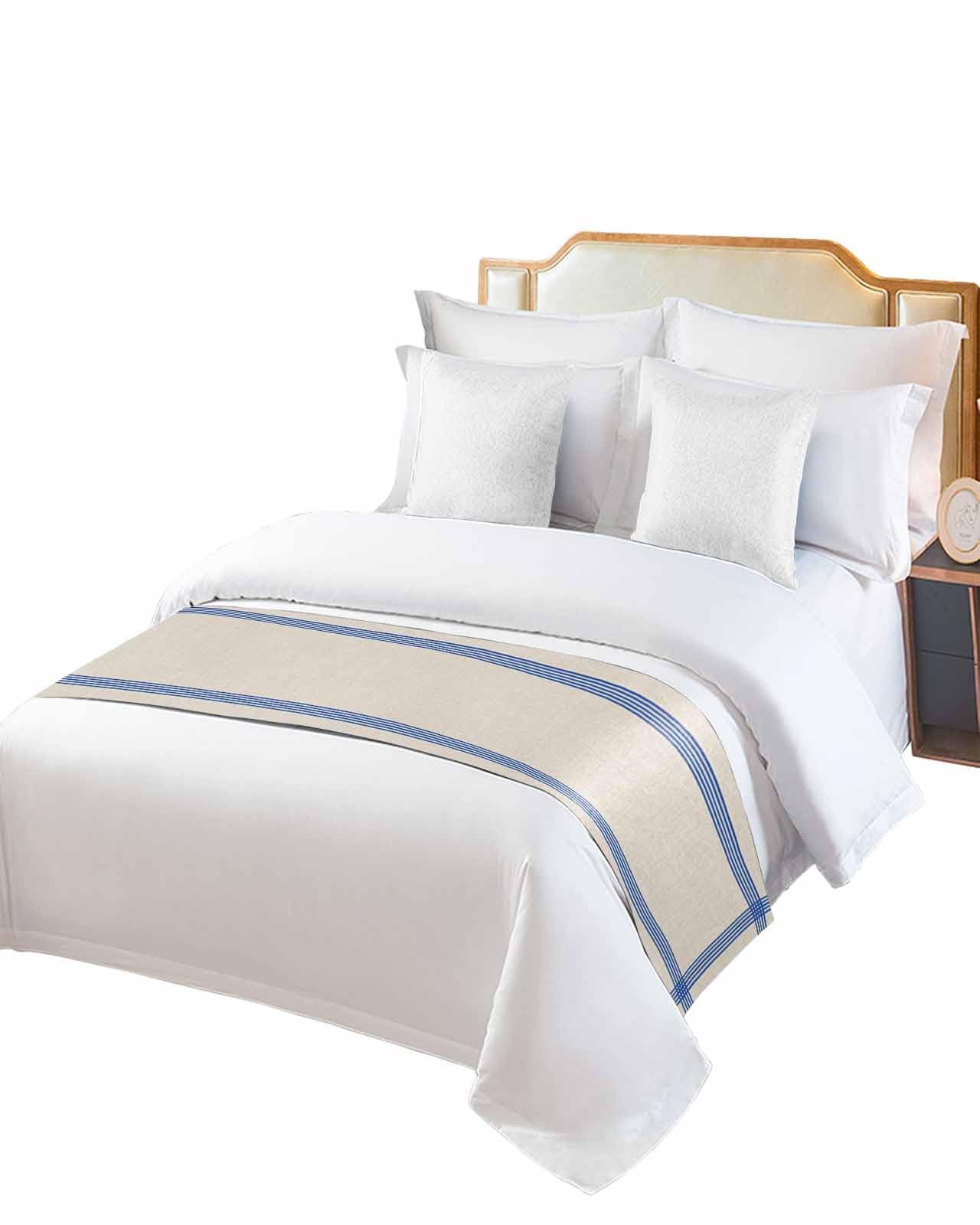 Queen Bed Runner Square Blue Plaid on Beige Linen Bedding Runner Scarves Decorative Bed Scarf, Modern Minimalist Art Soft Bed Runners for Bedroom Hotel Wedding 94x20IN