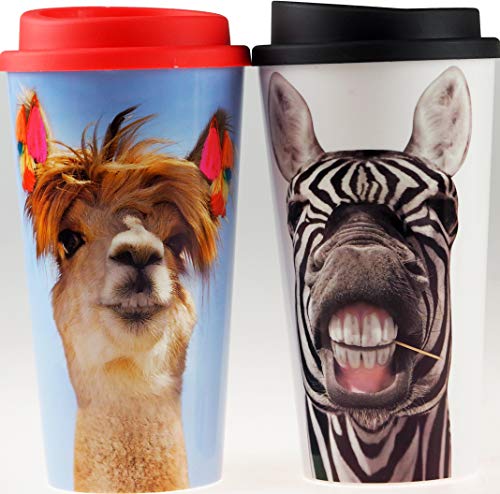 RSW INTERNATIONAL Lot de 2 Tasses de Voyage réutilisables en Plastique respectueux de l'environnement avec couvercles Alpaga/zèbre