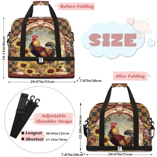 Travel Duffel Bags Sunflower Floral Rooster Foldable Weekender Bags for Women with Shoes Compartment Waterproof & Tear Resistant Carry on Overnight Luggage Duffel Bag Shoulder Sports Tote Bag2