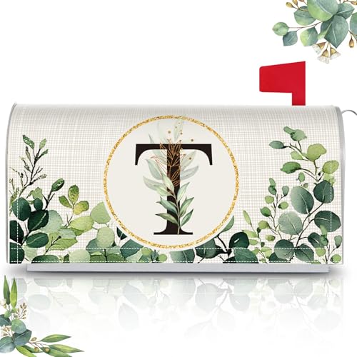 Image of Tiamon Monogrammed T Mailbox Covers Magnetic Eucalyptus Welcome Letter Box Wrap Standard Size 21x18 Inch Spring Summer Leaves Mailbox Decor Eucalyptus Letter Numbers Decoration for Outdoor Garden Yard