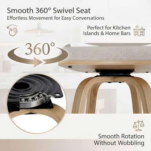Image of 26'' Modern Barrel Swivel Counter Stools Counter Height Swivel Bar Stools with Backs Set of 2, Beige Chenille Upholstered Bar Height stools, Farmhouse Solid Wood Barstools for Kitchen Island, Home Bar
