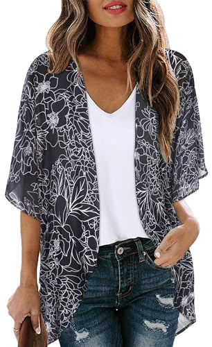 Women's Floral Cardigan Coverups Bohemian Kimono Loose Cover Up Tops Beach Swimsuit Puff Sleeve Blouse Female Chiffon Summer