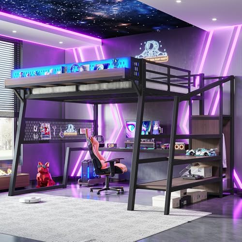 Image of Bellemave Queen Size Gaming Loft Bed with Desk and Wardrobe Storage Stairs,Shelves, LED USB, Loft Bed Queen Size for Teens Metal, Black