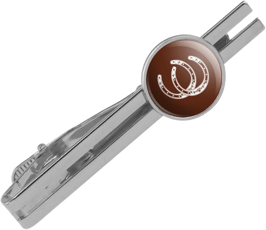 Horseshoe Lucky Double Cowboy Brown Round Tie Bar Clip Silver Color Plated