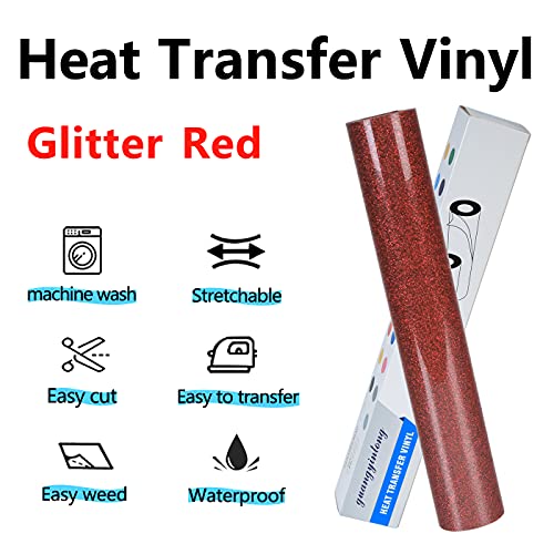 Image of guangyintong Glitter Heat Transfer Vinyl HTV Rolls, 12 inch x 8ft Iron on Vinyl for T-Shirts, Glitter Red HTV Vinyl for All Cutter Machines Easy to Cut & Weed for Heat Vinyl Design