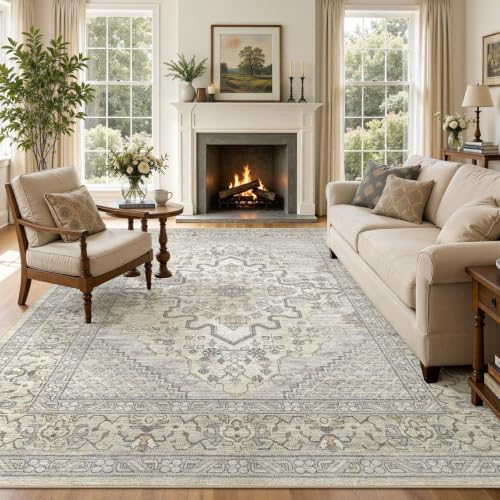 Area Rug Living Room Rugs - 12x15 Washable Boho Rug Vintage Oriental Distressed Farmhouse Large Thin Indoor Carpet for Living Room Bedroom Under Dining Table Home Office - Beige Linen by Tortania - Used condition - Image 7