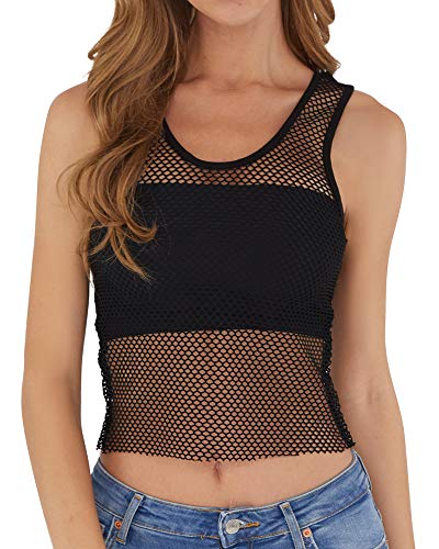 CLOZOZ Women's Fishnet Mesh Shirts Net See Through Tank Tops (Black-Scoopneck, M)