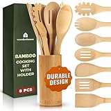 Bamboo Utensils 7 PCs with Holder – Bamboo Cooking Utensils Set + Holder for Nonstick – Wooden Spoon Sets for Cooking – Easy to Clean, Sturdy, Lightweight & Heat Resistant