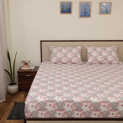 Image of King Size Bedsheet - Cute Elephant Pink - 108 x 108 Inches - Brushed Microfiber Flat Sheet with Pillow Covers - Soft, Cooling, Wrinkle & Fade Resistant