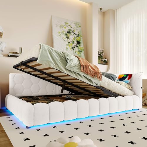 HYUB Polsterbett 140x200 cm, Tagesbett Doppelbett mit Rückenlehne und Bettkasten, Hydraulisches Bett mit Beleuchtung und Lattenrost, für Schlafzimmer und Gästezimmer, Vliesimitat, Weiß