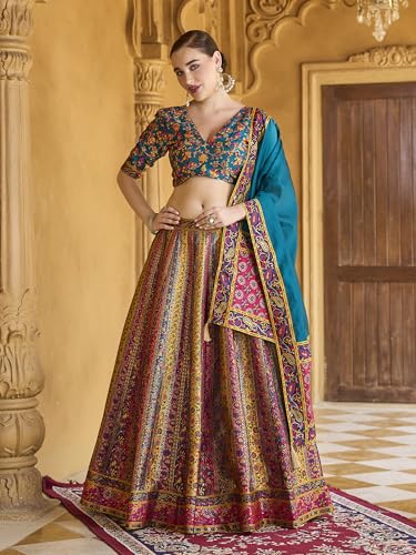 Image of PURVAJA Women's Jacquard Semi-Stitched Lehenga choli