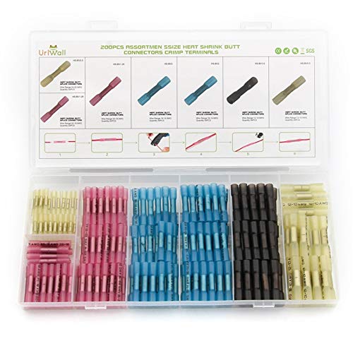 Davitu YT 200pcs Thicken Heat Shrink Butt Terminal Connector Electrical Wire Cable Hot Melt Glue Connector Red Yellow Blue Black Kit