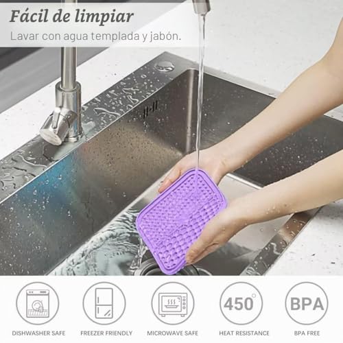 Miniatura 7 de Mateeylife Alfombrilla De Lamer Para Perros 15x15cm - Comedero Perro Y Gato Con Ventosas, Ideal Para Queso, Mantequilla De Maní Y Más - Reduce Ansiedad Y Mejora Alimentación Púrpura Y Azul Claro