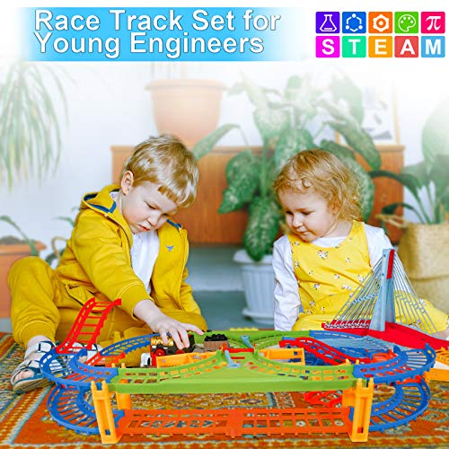 BeebeeRun Kids Car Race Track Set, Flexible Train Tracks for Toddlers with Musical Bridge and LED Electric Train Set, Car Track Toys for Boys and Girls - Thumbnail 5