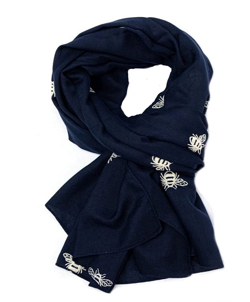 Lilyrosa Women's Navy Blue & White Lilyrosa® Navy Blue Bee Scarf White Embroidered Bees Design Wrap