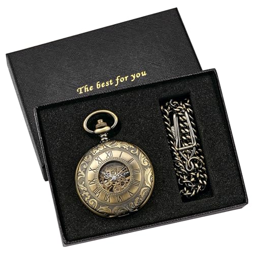 Image of Vintage Gold Double Sides Open Case Mechanical Men's Pocket Watch,Double Face Roman Dial Clock Hand Wind Pocket Watch for Men with FOB Chain