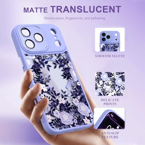 Image of Magnetic for iPhone 17 Pro Case for Women Girls, Purple Floral | Cute Flower Pattern Design [Compatible with MagSafe] [Full Camera Protection] Slim Shockproof Translucent Matte Cover