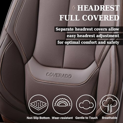 Image of Coverado Universal Seat Covers Front, 2-Pack Universal Seat Covers for Cars, Waterproof Nappa Leather Car Seat Covers with Head Pillow, Auto Protectors Fit for Most Sedans SUV Pick-up Truck-Brown