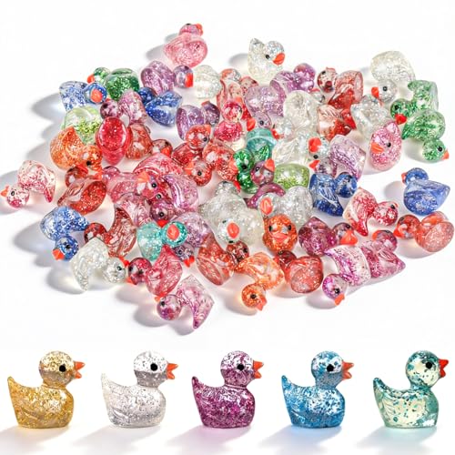 MUZHUPGUZ 120 PcsMini Ducks Mini Resin Ducks Glitter Mini Plastic Duckss Glow in The Dark Duckss Tiny Little Small Duck Bulk Miniature Resin Animals for Dollhouse Aquarium Landscape Garden Decor