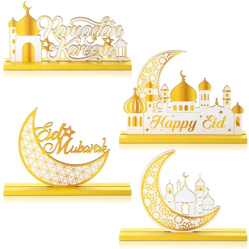 Blulu 4 Pcs Ramadan Mubarak Table Centerpiece Decorations Eid Mubarak Kareem Tiered Tray Muslim Wood Signs Table Decor Al-fitr Gold Detachable Tabletop Supplies for Home Kitchen Eid Al Fitr Party