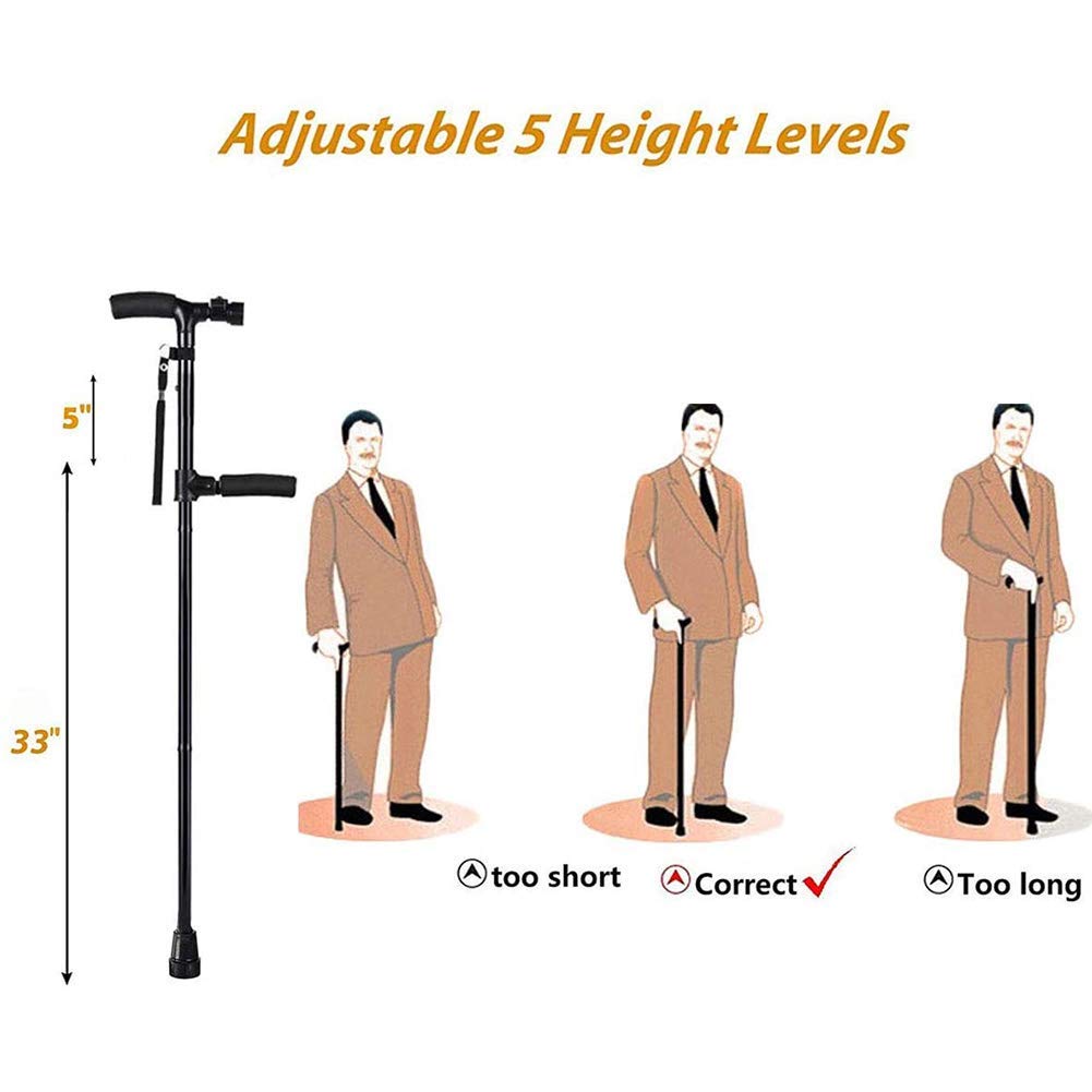 Bastón Plegable con luz LED para Hombres y Mujeres, bastón Plegable de Altura Ajustable para Personas Mayores con luz con Mango Lateral, Plegable y portátil (Negro 83) Star of Light