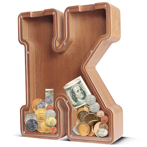 Image of UBeesize 12in Extra Large Wooden Piggy Bank,Letter Piggy Bank for Boys Girls,Money Coin Bank for Kids,Christmas,Birthday,Children“s Gift and Home Office Decoration（K）