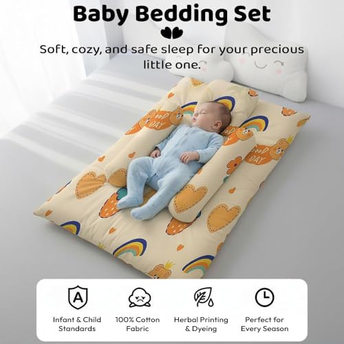Image of StarAndDaisy Newborn Baby Nest 100% Cotton Cushioned Mattress Sheet with 2 Side Bolster Pillows & 1 Head Pillow Breathable & Soft Boys & Girl Design Rainbow Print