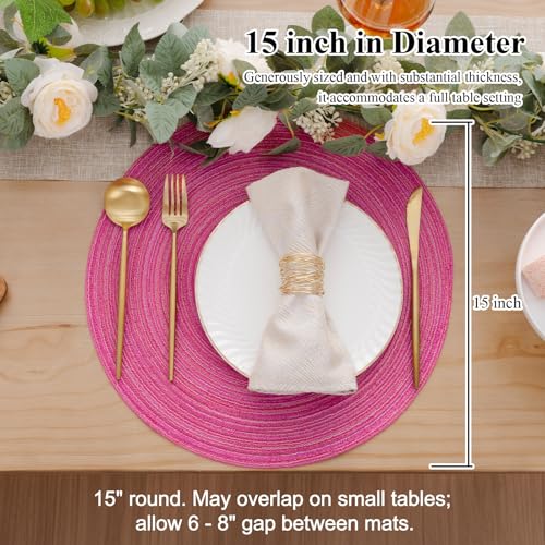 Image of SHACOS Round Placemats Set of 4 Round Table Placemats Braided Cotton Place Mats 15 inch for Kitchen Dining Table Holiday Party (Hot Pink, 4)