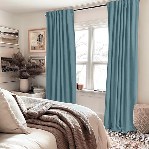 INOVADAY 100% Blackout Curtains 90 Inches Length 2 Panels Set, Back Tab/Rod Pocket Linen Black Out Curtains for Bedroom, Thermal Insulated Window Drapes - Teal, W50 X L90