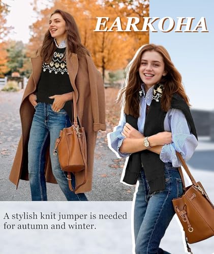 Image of EARKOHA Women's Casual Mock Neck Ribbed Sweater Pullover 2026 Fall Long Sleeve Print Fair Isle Sweater Top