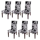 BTSKY Fabric Stretch Dining Room Chair Covers- Set of 6 Soft Spandex Fit Banquet Chair Seat Protector Slipcover with Printed Pattern for Home Party Hotel Wedding Ceremony(Style03)