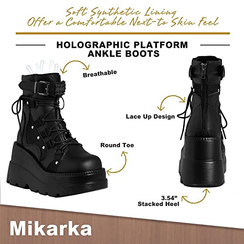 mikarka Holographic Platform Boots for Women, Lace Up Ankle Studded Buckle Goth Stacked Wedge Combat Ankle Boots3