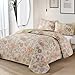 WONGS BEDDING Floral Quilt Set Queen Size, Khaki Botanical Queen Bedspread Bedding Sets Soft Lightweight Microfiber Flower Coverlet Set 3 Pieces for All Season (96
