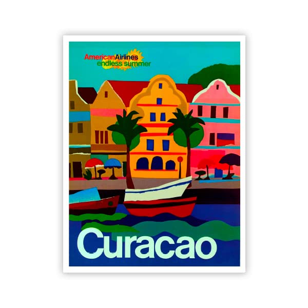 Squiddy Curacao Colorful Retro Travel Poster Advertising - Vinyl Sticker Decal for Phone, Laptop, Water Bottle (4" high)
