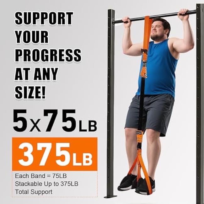 Pull Up Assistance Bands Set of 11 (375lbs)¨CExtra Heavy Duty Band, Dual Foot Rest, Door Anchor, Handles¨CAdjustable Resistance Bands for Pull Up Bar, Strength Training, Home Gym Workout