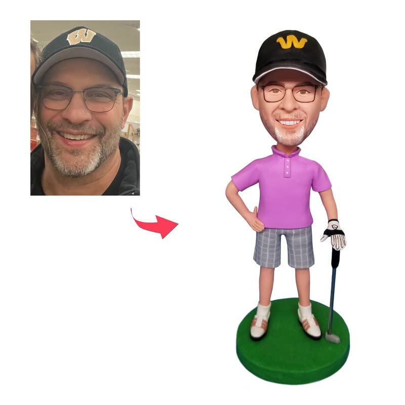 Figuras Bobble-Heads de hombre golfista con camiseta púrpura, muñecas personalizadas, figuras a medida, regalo de cumpleaños hecho a mano para papá, amigo, empresario, colega