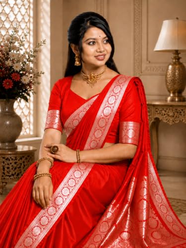 Image of Women's Glory Banarasi Satin Silk Saree Plain Silver Zari | Unstiched Blouse Piece Included.