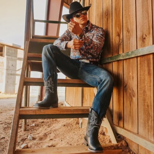 Image of Suokdil Cowboy Boots for Men - Men's Western Boots with Embroidery, Slip Resistant Square Toe Chunky Heel, Durable and Fashionable Retro Classic Footwear for Spring and Fall